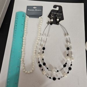 Ladies Lot of 2 Necklaces 1 Pair of Earrings NWT White Pearls Black Beads